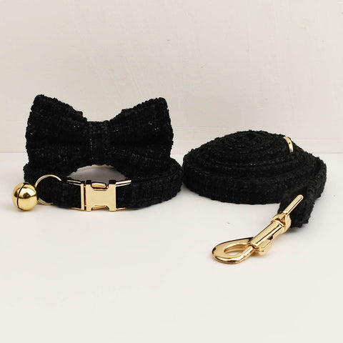 Darrahopens Pet Care > Cleaning & Maintenance > Pet Grooming Supplies L Black Elegant Tweed Pet Collar and Leash Set - Adjustable Cat and Small Dog Collar with Removable Bow Tie and Gold Bell