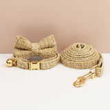 Darrahopens Pet Care > Cleaning & Maintenance > Pet Grooming Supplies L Khaki Elegant Tweed Pet Collar and Leash Set - Adjustable Cat and Small Dog Collar with Removable Bow Tie and Gold Bell