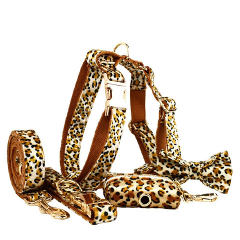Darrahopens Pet Care > Cleaning & Maintenance > Pet Grooming Supplies L Luxury 5 Piece Dog Harness and Collar Set Leopard Print with Leash Bow Tie & Waste Bag Holder Gold Metal Buckle Walking Gear