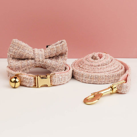 Darrahopens Pet Care > Cleaning & Maintenance > Pet Grooming Supplies L Pink Elegant Tweed Pet Collar and Leash Set - Adjustable Cat and Small Dog Collar with Removable Bow Tie and Gold Bell