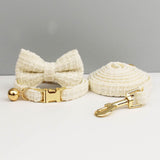 Darrahopens Pet Care > Cleaning & Maintenance > Pet Grooming Supplies L White 3 Piece Luxury Tweed Cat Collar and Leash Set with Removable Bow Tie & Bell Adjustable Neck Strap for Kittens Small Dogs Elegant Walking Gear