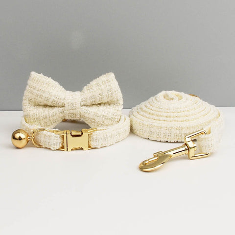 Darrahopens Pet Care > Cleaning & Maintenance > Pet Grooming Supplies L White 3 Piece Luxury Tweed Cat Collar and Leash Set with Removable Bow Tie & Bell Adjustable Neck Strap for Kittens Small Dogs Elegant Walking Gear