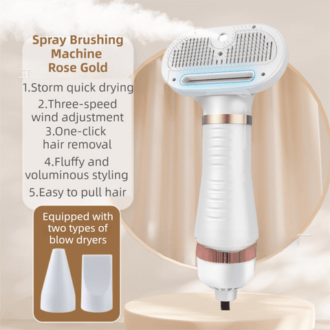 Darrahopens Pet Care > Cleaning & Maintenance > Pet Grooming Supplies Rose Gold 6-in-1 Pet Grooming Hair Dryer with Noise-Reduction - Lightweight Handheld Blow Dryer & Mist Slicker Brush - 3-Speed Temperature Control, One-Click Deshedding & Painless Massage