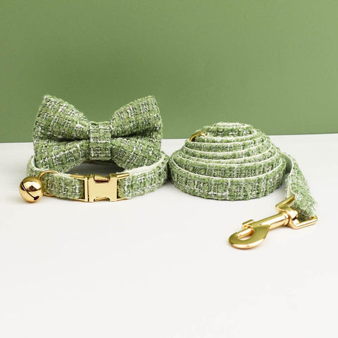 Darrahopens Pet Care > Cleaning & Maintenance > Pet Grooming Supplies S Green 3 Piece Luxury Tweed Cat Collar and Leash Set with Removable Bow Tie & Bell Adjustable Neck Strap for Kittens Small Dogs Elegant Walking Gear