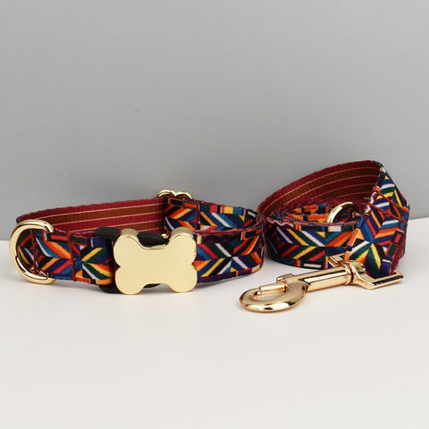 Darrahopens Pet Care > Cleaning & Maintenance > Pet Grooming Supplies XL Rainbow Boho Patterned Dog Collar with Gold Metal Bone Buckle Adjustable Tribal & Leopard Print Neck Strap for Puppies & Dogs