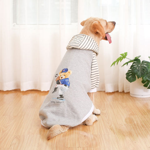 Darrahopens Pet Care > Dog Supplies > Dog Apparel Autumn/Winter Dog Clothes - Grey Hoodie with Striped Hood & Baseball Bear (Size - 3XL)
