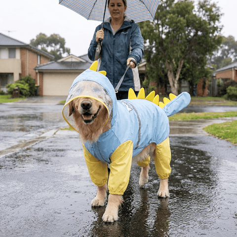 Darrahopens Pet Care > Dog Supplies > Dog Apparel Blue Dog Raincoat Dinosaur Hooded Waterproof Jacket 3XL Size with Leash Hole Removable Tail Cover Full Body Coverage Pet Rain Coat for Outdoor Walking Large Dogs