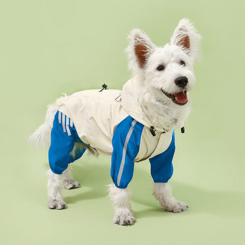 Darrahopens Pet Care > Dog Supplies > Dog Apparel Colorblock (Beige blue) Dog Raincoat - Waterproof with Hood and Reflective Strips (Size XL)