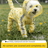 Darrahopens Pet Care > Dog Supplies > Dog Apparel Yellow XL size Pineapple Print Full-Cover Dog Raincoat with Transparent Hood, Waterproof Four-Leg Pet Rain Suit with Reflective Strips and Integrated Leash Ring for Small and Medium Dogs