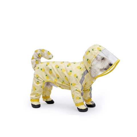 Darrahopens Pet Care > Dog Supplies > Dog Apparel Yellow XL size Pineapple Print Full-Cover Dog Raincoat with Transparent Hood, Waterproof Four-Leg Pet Rain Suit with Reflective Strips and Integrated Leash Ring for Small and Medium Dogs