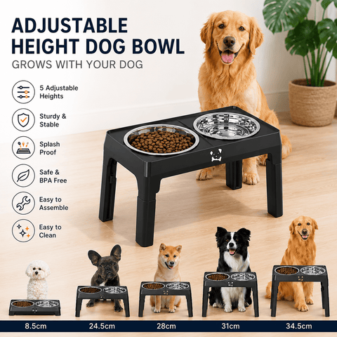 Darrahopens Pet Care > Dog Supplies > Dog Bowls, Feeders & Waterers Black Adjustable Elevated Dog Bowl Stand with Stainless Steel Double Bowls, Foldable Raised Pet Feeding Station for Medium & Large Dogs, Anti-Slip Height Adjustable Food and Water Feeder
