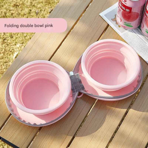 Pink Portable Collapsible Silicone Pet Bowl - Food Grade Silicone - Dual Bowl Design, Adjustable Height, Lightweight & Compact, Bear Paw Pattern, for Dogs & Cats, Travel Friendly, Easy Clean