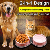 Darrahopens Pet Care > Dog Supplies > Dog Bowls, Feeders & Waterers Portable Silicone Double Pet Bowl - Collapsible Travel Dog Feeder for Food & Water - 2 x 450ml Capacity with Zipper Case - Brown & Pink