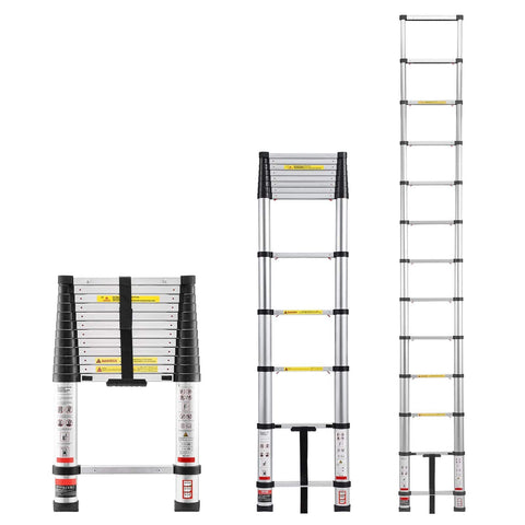 Darrahopens Pet Care > Dog Supplies > Dog Carriers & Crates VEVOR 3.8m Telescoping Ladder, Aluminum Lightweight Multi-Purpose Collapsible Extension, One-Touch Retraction Ladder, Heavy Duty 150kg Max Capacity with Non-Slip Feet, for Home, Outdoor Work, Loft