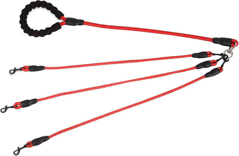 Darrahopens Pet Care > Dog Supplies > Dog Collars, Leads & Harnesses Red 3-in-1 No-Tangle Dog Leash for 1-3 Small Large Dogs – Heavy Duty 360° Swivel Bungee Coupler with Reflective Nylon Braid & Padded Handle
