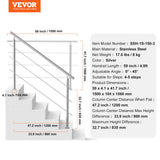 Darrahopens Pet Care > Dog Supplies > Dog Steps & Ramps VEVOR Handrails for Outdoor Steps, 59 in Length 3 Crossbars Stair Hand Rail Kit, Transitional Stainless Steel Railings w/ Installation Kit, Double-column Staircase Handrails for Seniors,Porch & Deck