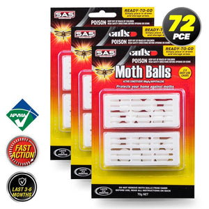 Darrahopens Pet Care > Pest Control SAS Pest Control 72PCE Mothballs In Plastic Casing Fast Acting 35g