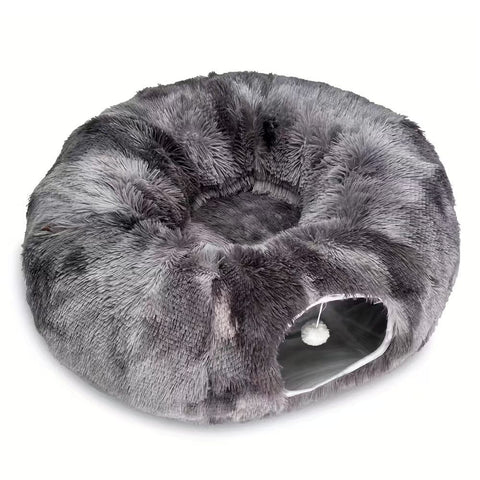 Darrahopens Pet Care > Toys > Cat Toys 2-in-1 Dark Grey Tie-Dye Donut-Shaped Cat Tunnel Bed -  Spacious 85cm Pet Play Tunnel & Lounger, Durable Fabric for Cats & Kittens