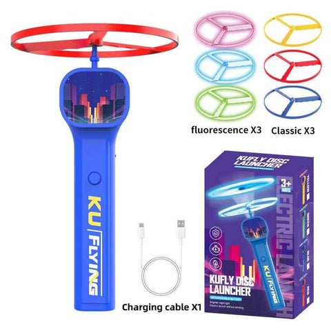 Blue LED Light Up Flying Disc Cat Toy Interactive UFO Launcher with Replacement Discs