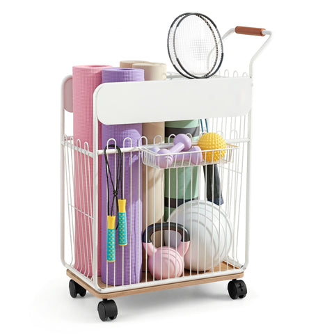 Darrahopens Sports & Fitness > Ball Sports > Basketball & Basketball Accessories Everfit Yoga Mat Storage Rack Mobile Holder with Wheels Basket Home Gym Storage Organizer White