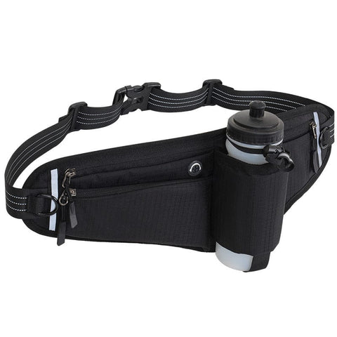 Darrahopens Sports & Fitness > Bikes & Accessories > Bicycle Bags Black Adjustable Running Waist Pack with Water Bottle Holder, Reflective Design, and Multiple Storage Pockets for Outdoor Activities