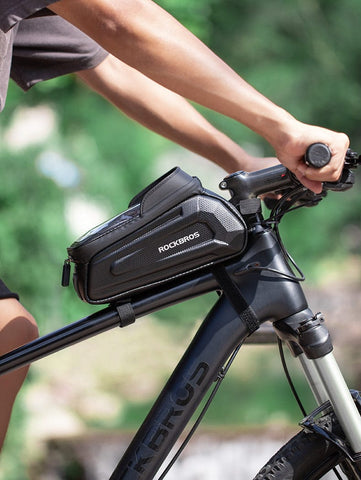 Darrahopens Sports & Fitness > Bikes & Accessories > Bicycle Bags ROCKBROS Hard Shell Bike Top Tube Bag - Waterproof Cycling Frame Pouch with TPU Touchscreen Phone Holder & Sun Visor - 1.7L Large Capacity for MTB & Road Bikes - Black