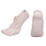 Darrahopens Sports & Fitness > Exercise, Gym & Fitness > Gym Equipment & Accessories Beige 2pcs Women's 5-Finger Ballet Style Yoga Socks - Non-Slip Grip Pilates & Dance Socks with Elegant Lace Trim and Elastic Cross Strap