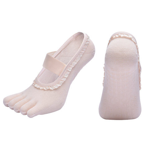 Darrahopens Sports & Fitness > Exercise, Gym & Fitness > Gym Equipment & Accessories Beige 2pcs Women's 5-Finger Ballet Style Yoga Socks - Non-Slip Grip Pilates & Dance Socks with Elegant Lace Trim and Elastic Cross Strap