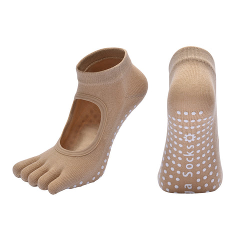 Darrahopens Sports & Fitness > Exercise, Gym & Fitness > Gym Equipment & Accessories Beige 3-Pack Women's Non-Slip Five-Finger Yoga Socks - Open Back Combed Cotton Pilates & Fitness Grip Socks for Professional Exercise