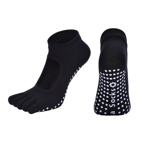 Darrahopens Sports & Fitness > Exercise, Gym & Fitness > Gym Equipment & Accessories Black 3-Pack Women's Non-Slip Five-Finger Yoga Socks - Open Back Combed Cotton Pilates & Fitness Grip Socks for Professional Exercise