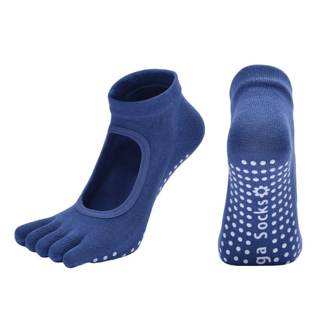 Darrahopens Sports & Fitness > Exercise, Gym & Fitness > Gym Equipment & Accessories Dark Blue 3-Pack Women's Non-Slip Five-Finger Yoga Socks - Open Back Combed Cotton Pilates & Fitness Grip Socks for Professional Exercise