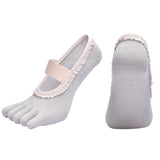 Darrahopens Sports & Fitness > Exercise, Gym & Fitness > Gym Equipment & Accessories Grey 2pcs Women's 5-Finger Ballet Style Yoga Socks - Non-Slip Grip Pilates & Dance Socks with Elegant Lace Trim and Elastic Cross Strap