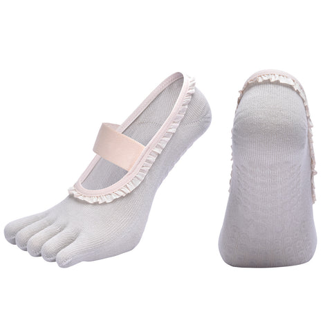 Darrahopens Sports & Fitness > Exercise, Gym & Fitness > Gym Equipment & Accessories Grey 2pcs Women's 5-Finger Ballet Style Yoga Socks - Non-Slip Grip Pilates & Dance Socks with Elegant Lace Trim and Elastic Cross Strap