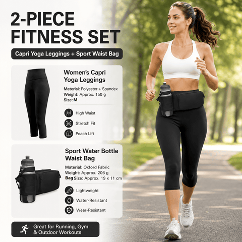 Winter Fitness Bundle - Black M size Women's High Waist 3/4 Yoga Leggings with Peach Hip Lift and Black Waterproof Sports Waist Bag with Bottle Holder for Running Gym and Outdoor Activities In Australia - Darrahopens