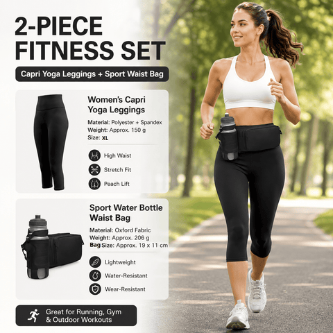 Darrahopens Sports & Fitness > Exercise, Gym & Fitness > Gym Equipment & Accessories Winter Fitness Bundle - Black XL size Women's High Waist 3/4 Yoga Leggings with Peach Hip Lift and Black Waterproof Sports Waist Bag with Bottle Holder for Running Gym and Outdoor Activities In Australia - Darrahopens