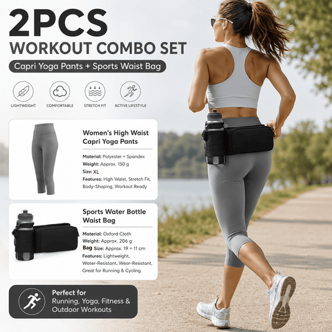 Winter Fitness Bundle - Grey XL size Women's High Waist 3/4 Yoga Leggings with Peach Hip Lift and Black Waterproof Sports Waist Bag with Bottle Holder for Running Gym and Outdoor Activities In Australia - Darrahopens