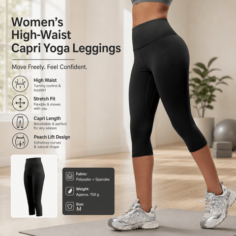 Darrahopens Sports & Fitness > Exercise, Gym & Fitness > Yoga & Pilates Black M Size Women's High Waist 3/4 Yoga Leggings - Peach Hip Lift Design, Breathable Stretch Fabric for Gym Running and Daily Wear