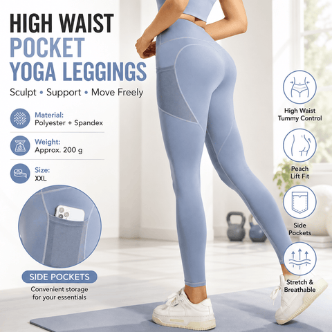 Darrahopens Sports & Fitness > Exercise, Gym & Fitness > Yoga & Pilates Blue XXL Size Women's High Waist Yoga Leggings with Mesh Side Pockets - Squat Proof, Peach Hip Lift, Breathable Stretch Fabric for Gym Running 、Pilates Wea and Daily Wear In Australia - Darrahopens