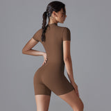 Darrahopens Sports & Fitness > Exercise, Gym & Fitness > Yoga & Pilates Brown Size S Women's Summer Zip-Up Bodysuit - Short Sleeve, High Stretch Yoga & Dance Outfit, Breathable Fitness Wear