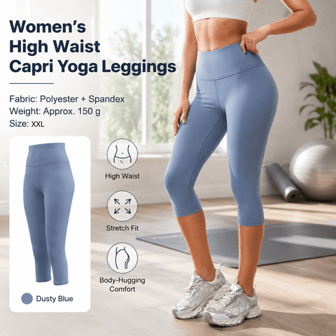 Darrahopens Sports & Fitness > Exercise, Gym & Fitness > Yoga & Pilates Dusty Blue XXL Size Women's High Waist 3/4 Yoga Leggings - Peach Hip Lift Design, Breathable Stretch Fabric for Gym Running and Daily Wear