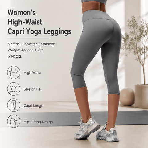 Darrahopens Sports & Fitness > Exercise, Gym & Fitness > Yoga & Pilates Grey XXL Size Women's High Waist 3/4 Yoga Leggings - Peach Hip Lift Design, Breathable Stretch Fabric for Gym Running and Daily Wear