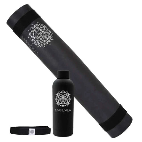 Mandala Yoga Mat Premium Bundle, Includes Yoga Mat 188cm H x 61cm W, Yoga Strap & Steel Hydration Bottle - Black In Australia - Darrahopens