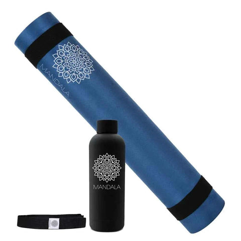 Mandala Yoga Mat Premium Bundle, Includes Yoga Mat 188cm H x 61cm W, Yoga Strap & Steel Hydration Bottle - Midnight Blue In Australia - Darrahopens