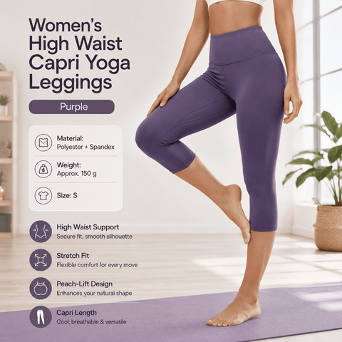 Darrahopens Sports & Fitness > Exercise, Gym & Fitness > Yoga & Pilates Purple S Size Women's High Waist 3/4 Yoga Leggings - Peach Hip Lift Design, Breathable Stretch Fabric for Gym Running and Daily Wear