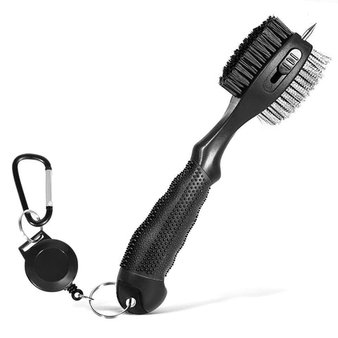 Darrahopens Sports & Fitness > Golf > Golf Accessories Black Premium Golf Club Cleaning Brush Extra Large Head Dual Bristles Retractable Zip Line & Groove Cleaner Spike Anti-Slip Ergonomic Grip 29cm
