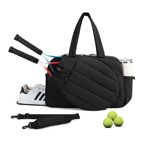 Darrahopens Sports & Fitness > Racquet Sports > Pickleball 42L Black Tennis & Pickleball Expandable Tote Bag wIth Shoe-Zone & Bottle Side Pocket - Waterproof Gym Bag for Racquets & Paddles