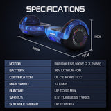 Darrahopens Sports & Fitness > Scooters, Hoverboards & Accessories > Hoverboards BULLET SX-2000 Hoverboard Scooter, 500W Brushless, Superior Self Balancing System, UL Certified, LED Lights, Blue Galaxy
