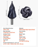 Darrahopens Tools > Industrial Tools > Lifts & Hoists VEVOR Step Drill Bit, 4.76 to 34.93 mm, 9.53 mm Triangular Shank, TiAlN Coating Cobalt High Speed Steel, Four Spiral Flute Step Bit for Metal, Stainless Steel, Aluminum, Wood, Plastic, Fiberglass