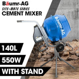 Darrahopens Tools > Industrial Tools > Masonry Tools BAUMR-AG 140L Portable Cement Concrete Mixer with Pedestal Stand, 550W Electric Motor, 10 Inch Solid Rubber Wheels
