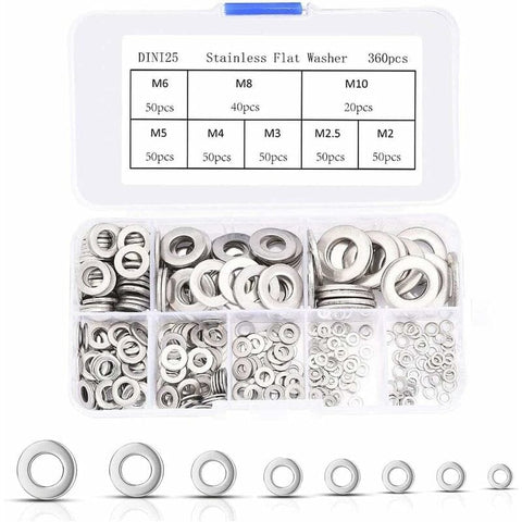 Darrahopens Tools > Other Tools > Drill & Screwdriver Accessories 360 pcs Stainless Steel Flat Washers Assortment Kit, M2.5 M3 M4 M5 M6 M8 M10 M12 Metal Washers For Screw Sealing Gasket